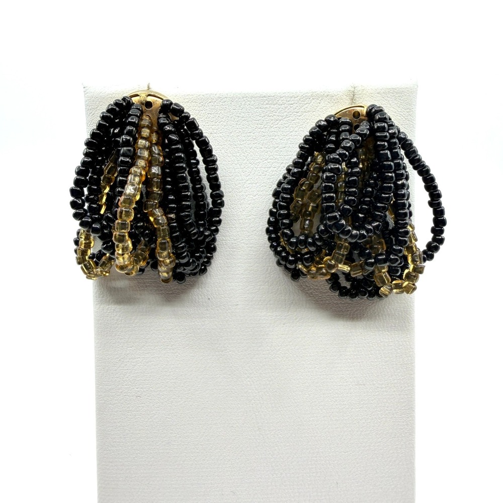 Vintage Multi-Strand Seed Bead Cluster Drop Earrings Black Amber & Gold Tone